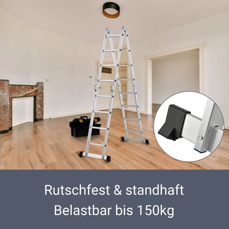 Juskys Aluminium Multifunktionsleiter 4x4 Stufen - 4,7 m Länge klappbar – Leiter 4-teilig bis 150 kg - Gelenkleiter Klappleiter Stehleiter Aluleiter – Bild 4
