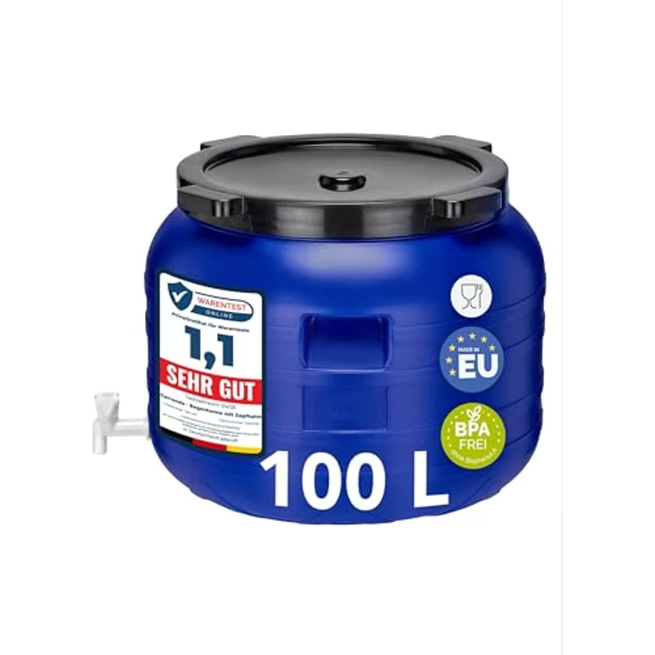Garronda 100 Liter Weithalsfass GD-0092, BPA-frei, vielseitiges Universalfass mit Deckel und Hahn, blau – Bild 1