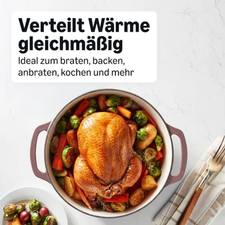 Amazon Basics Schmortopf Rund, Emailliertes Gusseisen, 6,9 L, Lehmfarben, gleichmäßige Wärmeverteilung, Backofenfest bis 260°C – Bild 3