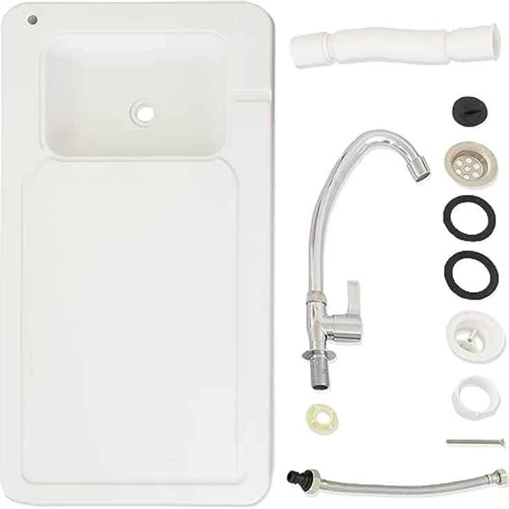 Lemodo Kunststoffspüle Gartenspüle mit klappbarem Wasserhahn, Komplett-Set, weiß – Bild 6