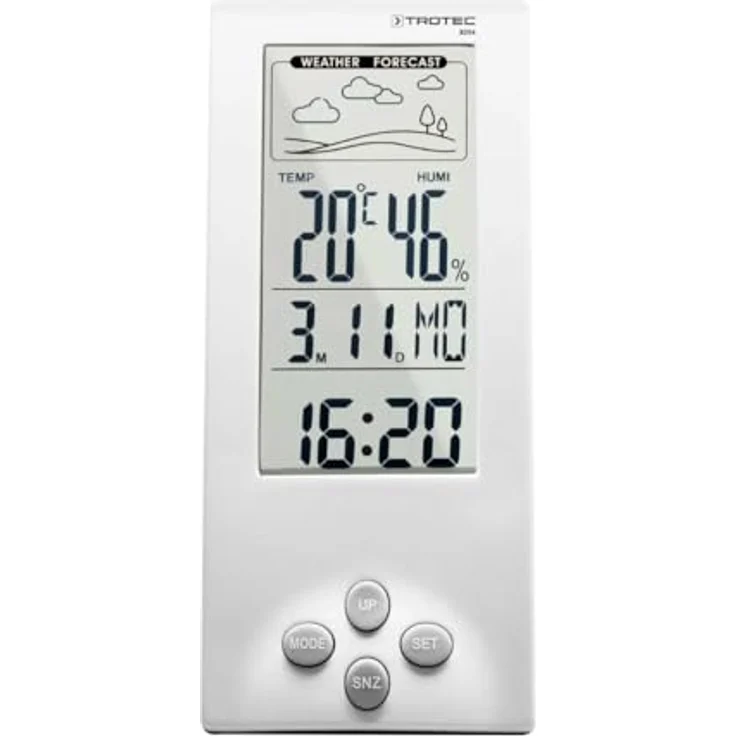 TROTEC Wetterstation BZ06 4-in-1 mit Innenraum-Klimawerten, Wettertrend, Zeit-/Datumsanzeige und Weckfunktion, transparentes Display – Bild 1