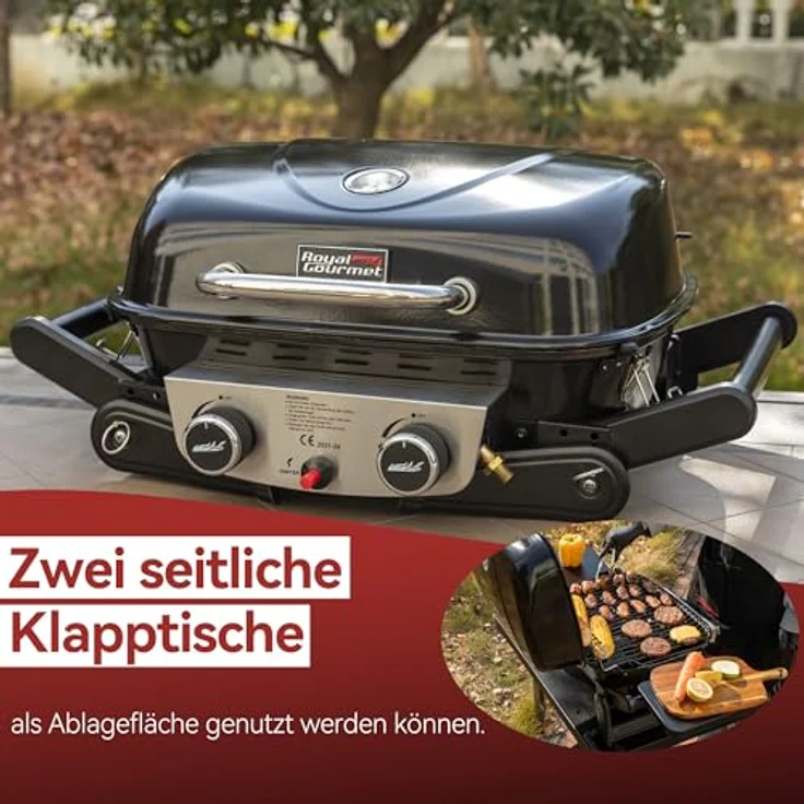 Royal Gourmet 2-Brenner Tragbarer Gasgrill, 5 kW Tischgrill mit klappbaren Seitentischen, portabler BBQ Grill für Balkon, Terrasse, Garten Schwarz – Bild 8