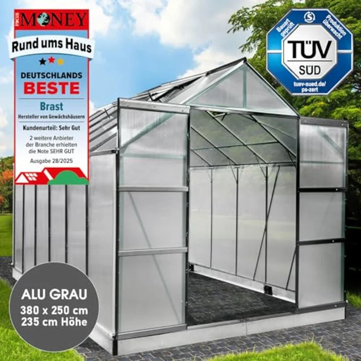 BRAST Gewächshaus Aluminium 380x250x235cm, TÜV geprüft, mit Fundament, 6mm Hohlkammerplatten, rostfrei, wetterfest, grau – Bild 2
