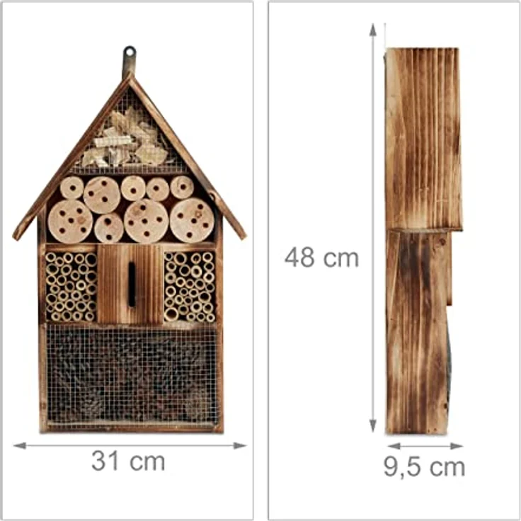Relaxdays Insektenhotel 50 cm groß, Zum Aufhängen, Bienenhotel und Schmetterlingshaus, Geflämmtes Holz, natur – Bild 4