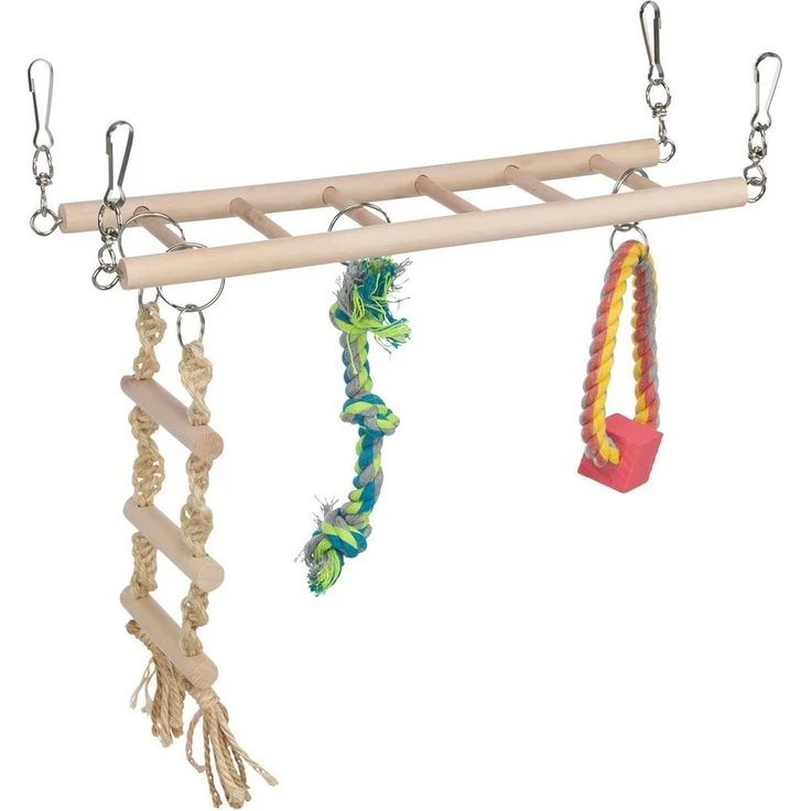 TRIXIE Hängebrücke für Kleinnager, Beschäftigungsspielzeug mit Holzleiter und Kletterelementen, bunt