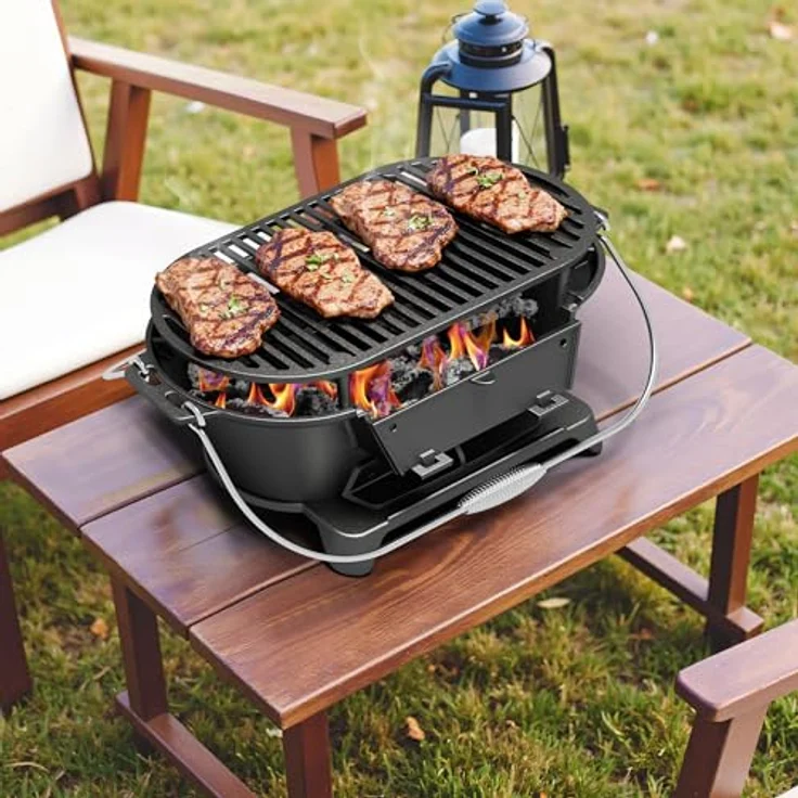 Wiltec Grilltopf aus Gusseisen, effiziente Hitzespeicherung, mit Abzugssystem, tragbar, schwarz – Bild 3