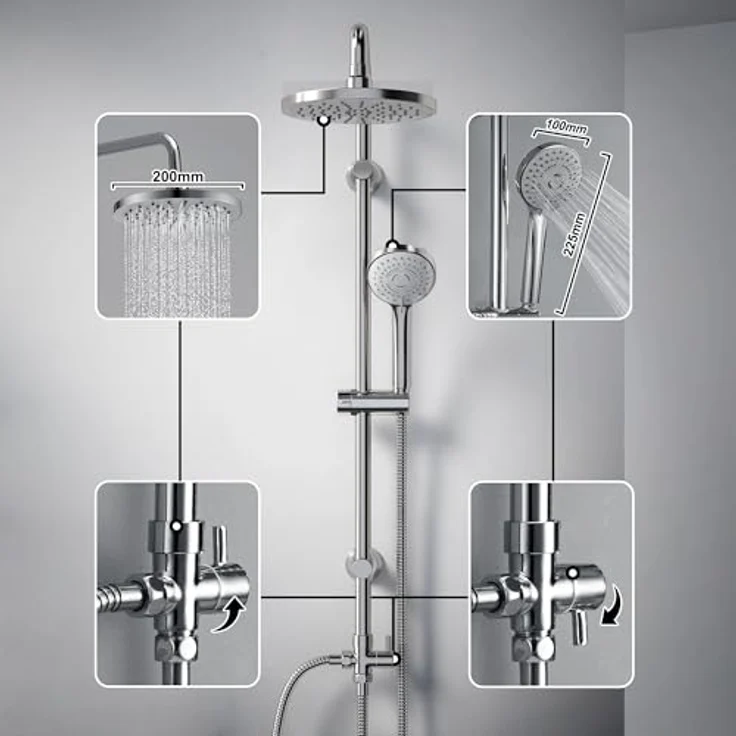JOHO Edelstahl Duschsystem ohne Armatur, Regendusche Duschset mit 20 cm ABS Kopfbrause, chrom, wassersparend, 3 Strahlarten, 92 cm Duschstange – Bild 2