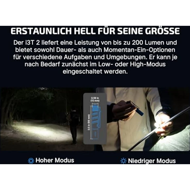 OLIGHT I3T 2 Mini Taschenlampe, 200 Lumen, kompakt, 2 Lichtmodi, IPX8 wasserdicht, Midnight Blau – Bild 3
