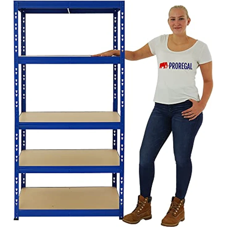 Proregal Schwerlastregal Tiger, H 180 cm x B 90 cm x T 60 cm, 5 Böden, Traglast 265 kg pro Boden, Steckmontage, Blau – Bild 3