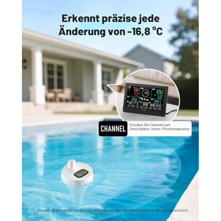 VEVOR 7-in-1 WLAN-Wetterstation mit APP, 7,5-Zoll-Display, solarbetriebener Außensensor, Poolthermometer und Regenmesser für Wettervorhersage und Windgeschwindigkeit – Bild 3