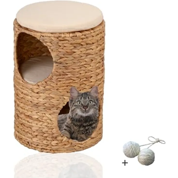 Rohrschneider® Kratztonne für kleine Katzen mit 2 Etagen, kuschelige Katzenhöhle, Sitzkissen | Kratzbaum Wasserhyazinthe | Katzenbaum & Kratzhöhle Katzen | Katzenkörbchen geflochten | Rückzugsort