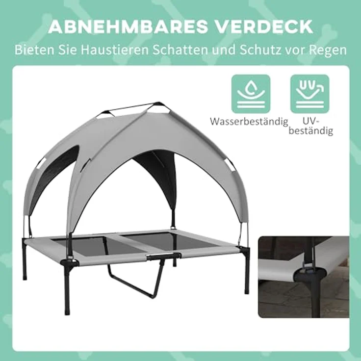 PawHut Erhöhtes Hundebett mit Baldachin, Outdoor Hundeliege, Atmungsaktiv, für große Hunde bis 30 kg, Hellgrau Oxford 91 x 76 x 89 cm – Bild 4
