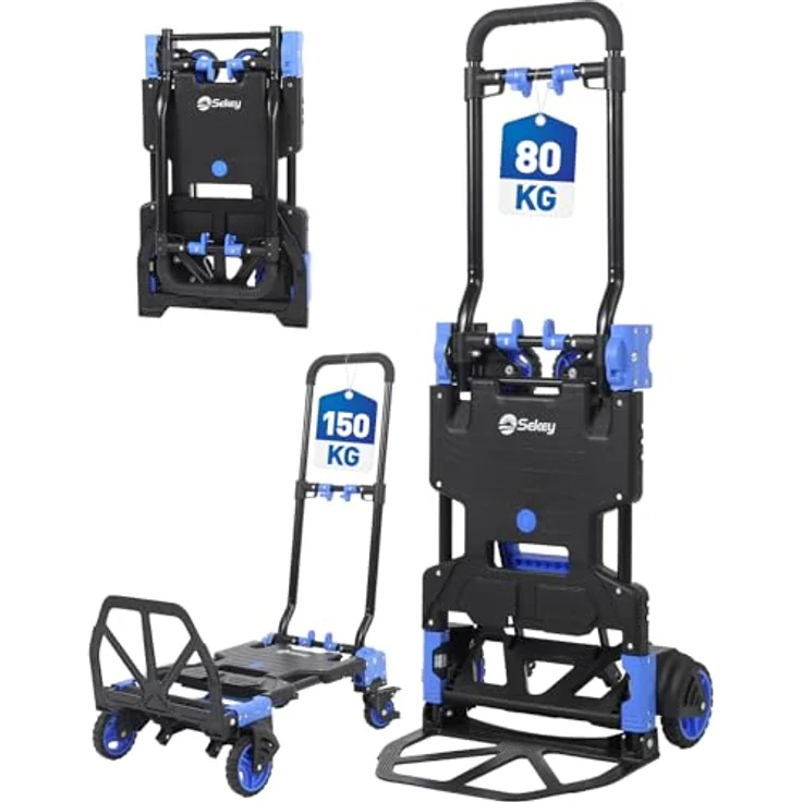 Sekey Sackkarre Alu 2-in-1, Klappbar bis 150 kg Tragkraft, Plattformwagen mit Bremse, ergonomischem Griff, schwarz/blau – Bild 1