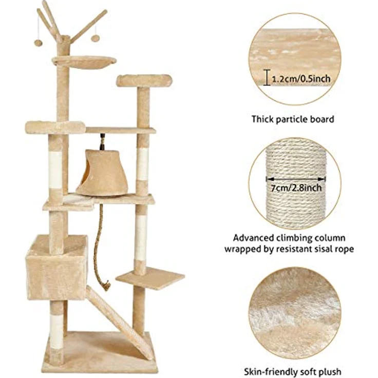 Meerveil Kratzbaum für Große Katzen XXL, 210 cm Stabiler Kratzbaum, mit Verbreiterter und Verdickter Bodenplatte, Hochwertiger Sisal und 2 Häuschen, Beige – Bild 5