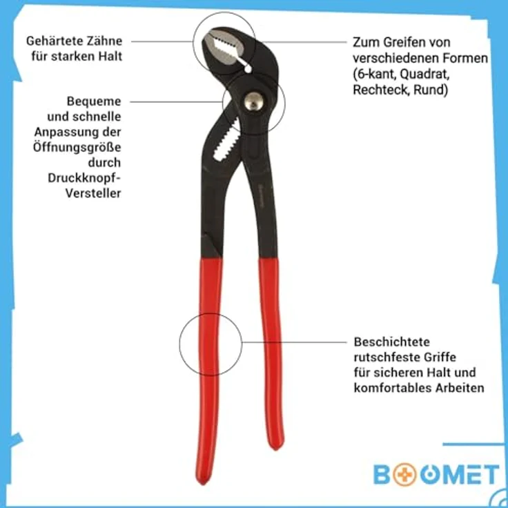 BOOMET Wasserpumpenzange Set · 3er Set 175mm 250mm 300mm · Verstellbare Rohrzange mit Druckknopf · Zangenschlüssel mit Feinverstellung per Knopfdruck · Chrom-Vanadium-Stahl · Ergonomische Griffe · Vielseitig einsetzbar – Bild 2