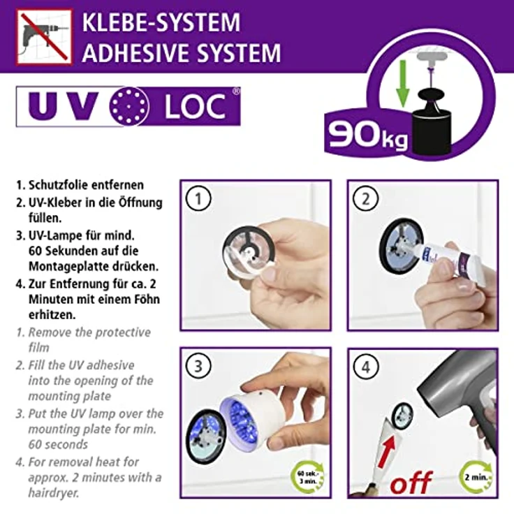 WENKO UV-Loc® Wandhaken Duo Isera, Doppel-Badhaken aus Vierkantrohr zum Befestigen ohne Bohren mit innovativem UV-Loc® Klebesystem, Wandmontageplatte aus Zinkdruckguss, rostfrei, 6 x 5 x 4 cm – Bild 3