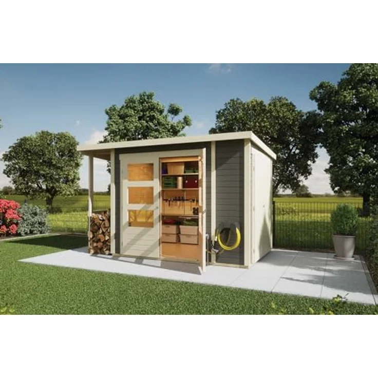 CHILLROI® Karibu Gartenhaus 19mm Multi Satteldach mit Schrank und Anbaudach inkl. Fußboden & Dacheindeckung (Pultdach terragrau) – Bild 1