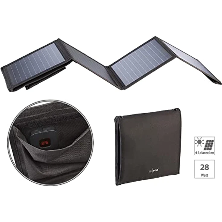 revolt Faltbares Solarpanel: 28-Watt-Solar-Ladegerät mit 2 USB-Anschlüssen (5V/4,8A), faltbar, IPX4 (Solarpanel Tasche, Solarkoffer mit Laderegler, Autobatterie) – Bild 2