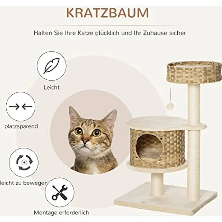 PawHut Kratzbaum Rattan Katzenbaum Kletterbaum mit Katzenhöhle Sisalstämmen Spielbälle Katzenmöbel Höhe 95 cm Sisal Natur+Beige – Bild 4