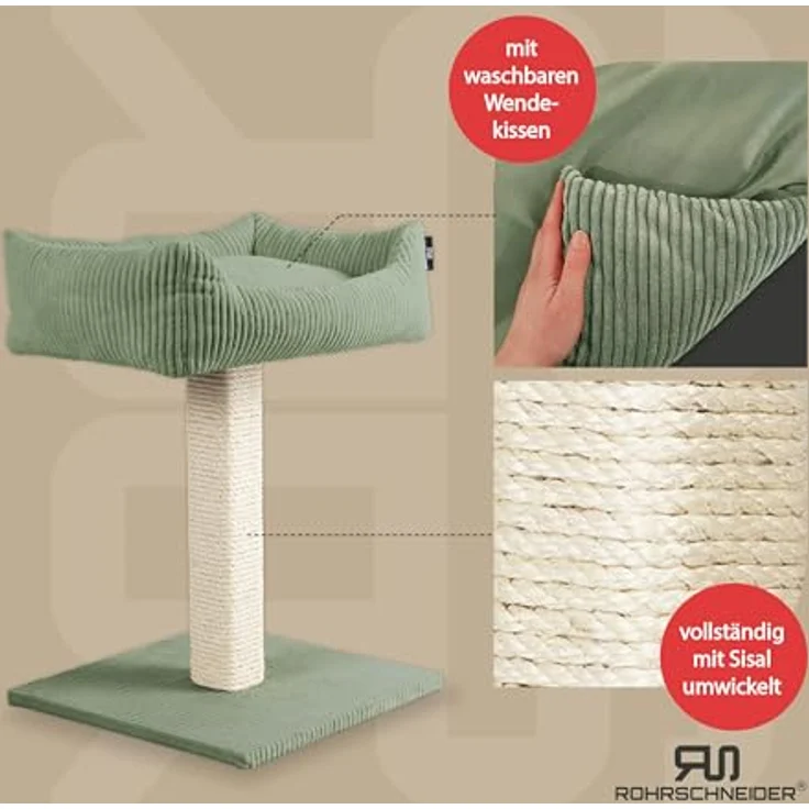Rohrschneider Kratzbaum Katzenbaum Wolly breiter Kratzstamm mit Katzenbett Cordstoff, Made in Germany, versch. Farben – Bild 2