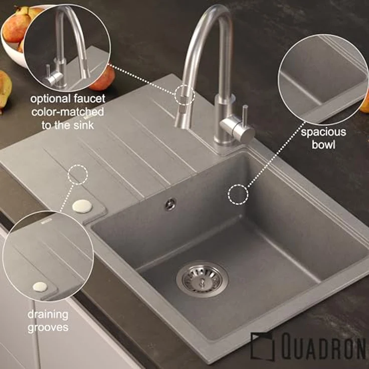 QUADRON PETER 111 Spülbecken 1-Becken Granitspüle, 78 x 50 x 20 cm, Soft Taupe, inkl. Siphon und integrierter Abtropffläche – Bild 9