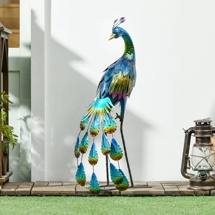 Outsunny Gartenstatue Pfau, 59 cm wetterbeständiges Outdoor-Ornament mit naturgetreuen Details, stabile Skulptur für Balkon und Terrasse – Bild 2