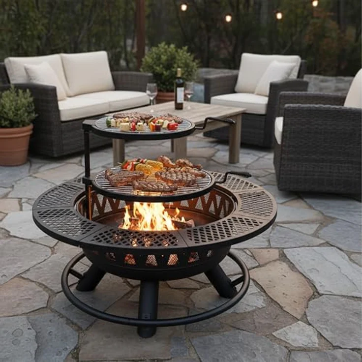 Relaxdays Feuerschale Ø 92 cm, Gartenfeuerstelle mit verstellbaren Grillrosten, Deckel, Schürhaken und Schutzhülle, Schwarz, 61 x 92 x 92 cm – Bild 2