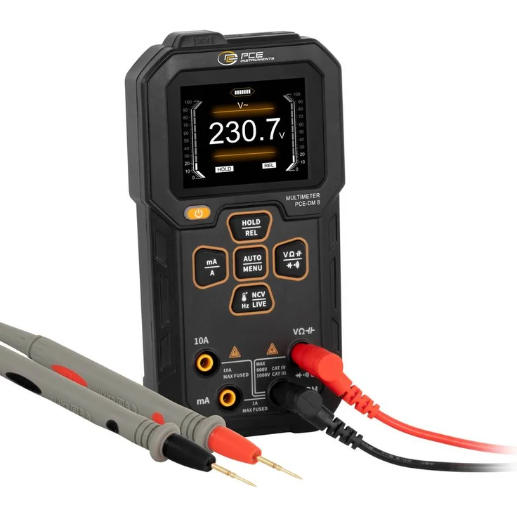 PCE Instruments PCE-DM 8 Hand-Multimeter Digital Datenlogger, CAT III 1000 V / CAT IV 600 V, 9999 Counts, USB-C, 30 Datensätze, 2,4 Zoll TFT-Farbdisplay