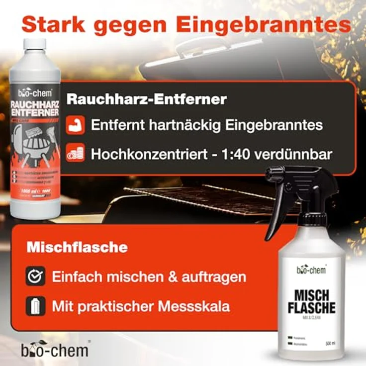 bio-chem Grill Reinigungsset und Pflege Box 8-teilig, inkl. Rauchharzentferner 1L, Fettlöser 750ml, Edelstahlreiniger 750ml, Grillbürste und Zubehör – Bild 3