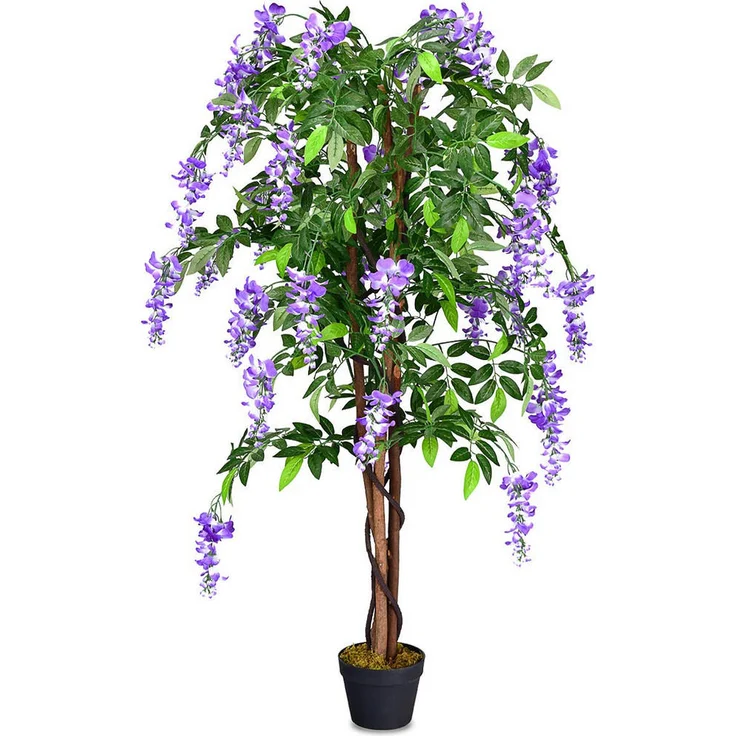 Costway Kunstpflanze Lila, 150 cm künstlicher Baum im stabilen Zementtopf, pflegeleicht und natürlich wirkend für innen & außen