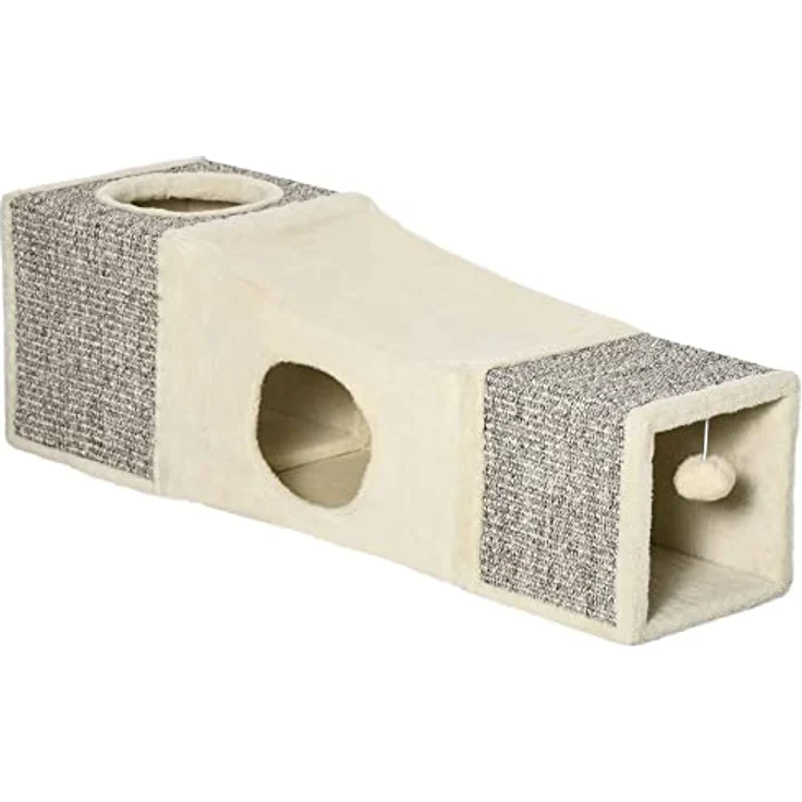 PawHut Katzentunnel, Katzenspielzeug mit Spielball, Katzenhöhle, Faltbarer Spieltunnel aus Sisal, Kombiniertes Design, Braun+Beige, 98 x 30 x 30 cm – Bild 1