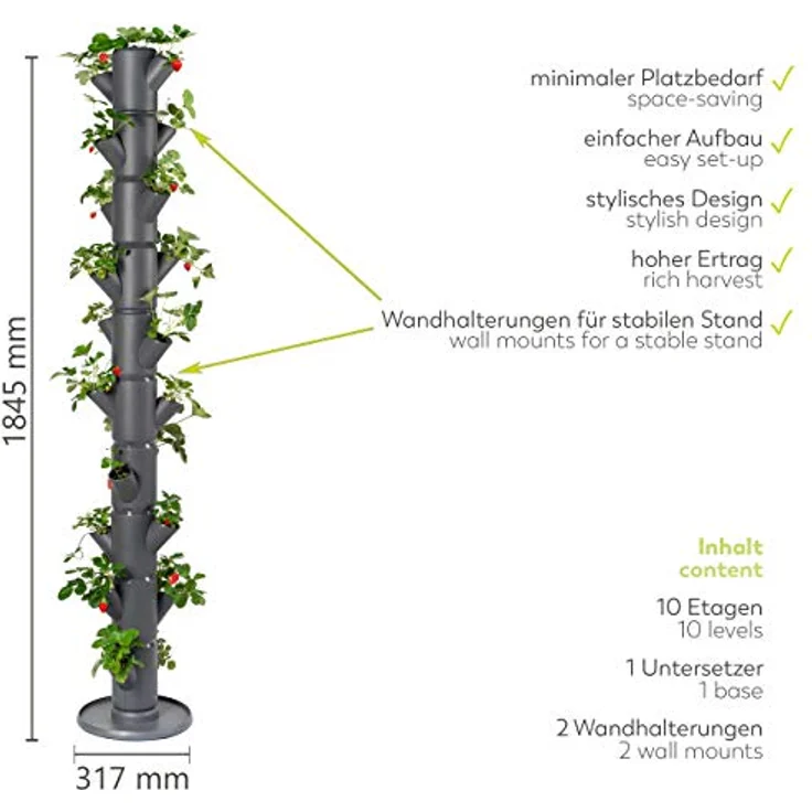 GUSTA GARDEN Sissi Strawberry (Infinity, anthrazit/grau) - Pflanzgefäß/Topf/Pflanzturm/Hochbeet für Erdbeeren - für Balkon, Garten und Terrasse - Erdbeeren und Kräuter anpflanzen - Preisvergleich – Bild 3
