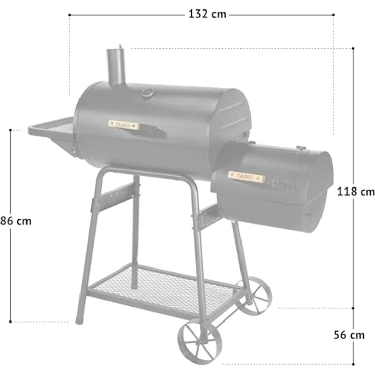 TAINO KAMAYO Smoker Räucherofen, kompakter Holzkohle-Grillwagen 132x56x118 cm mit 3-teiligem Gusseisen-Grillrost und klappbarem Seitentisch – Bild 3