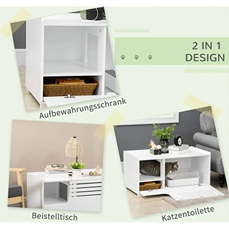 PawHut Katzenschrank für Katzentoilette Katzenklo Katzenhaus mit Magnettür Katzenkommode Katzenhöhle Beistelltisch Aufbewahrungsschrank erhöhtes Design Weiß 90 x 48 x 42,5 cm – Bild 4