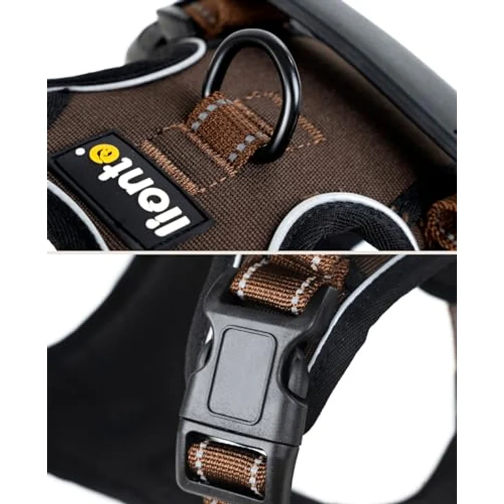 lionto Hundegeschirr gepolstert aus Nylon, Größe L, reflektierend, Anti Zug mit 2 Ringen & 4 Einstellgurten, braun – Bild 4