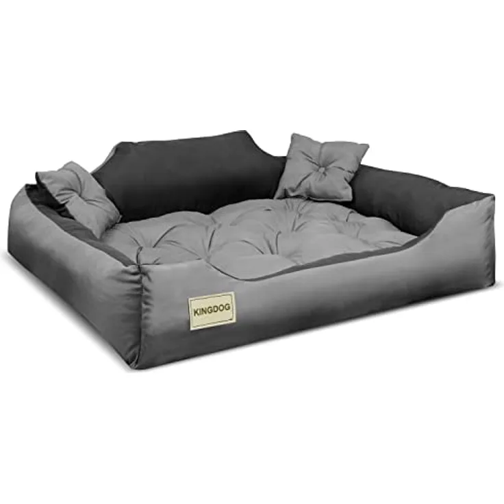 KingDog Hunde- und Katzenbett aus Mikrofaser mit Zwei Kissen Hundekissen Hundekorb Haustierbett Waschbar Wasserdichtes Material (Innenmaße: 80x60cm / Außenmaße: 100x75cm, Grau/schwarz)