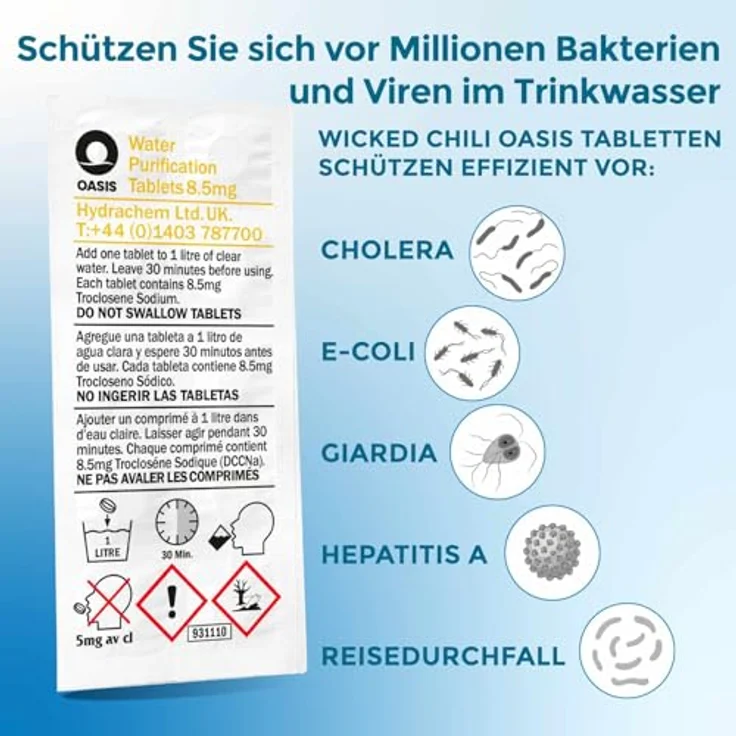 Wicked Chili Oasis 10x Wasserreinigungstabletten - 1 Liter Trinkwasser pro Tablette - Water Purification Tablet für Outdoor, Notfall, Camping, Reiseapotheke, Chlortabletten, Notfallset (8.5MG NaDCC) – Bild 5