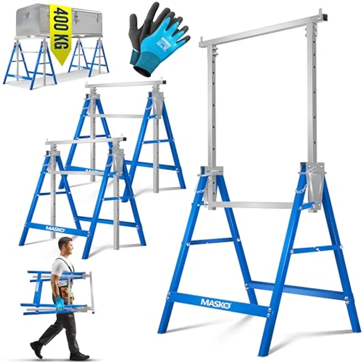 MASKO® Teleskop-Arbeitsbock 2-er Set | Klappbock mit 200 kg Belastbarkeit | Höhenverstellbar 800-1300 mm | Inkl. rutschfester Handschuhe | Blau – Bild 1