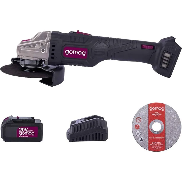 Gomag Akku-Winkelschleifer GO-WS125, 125 mm Trennscheibe, 1x4,0 Ah Akku, 4,5 A Ladegerät, max. 10000 U/min, Set