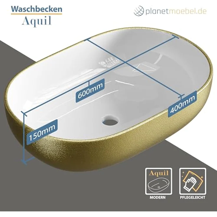Planetmöbel Aufsatzwaschbecken Aquil Deluxe, ovales Keramikwaschbecken, 60 cm, gold, für Waschtisch ohne Hahnloch und Überlauf – Bild 2