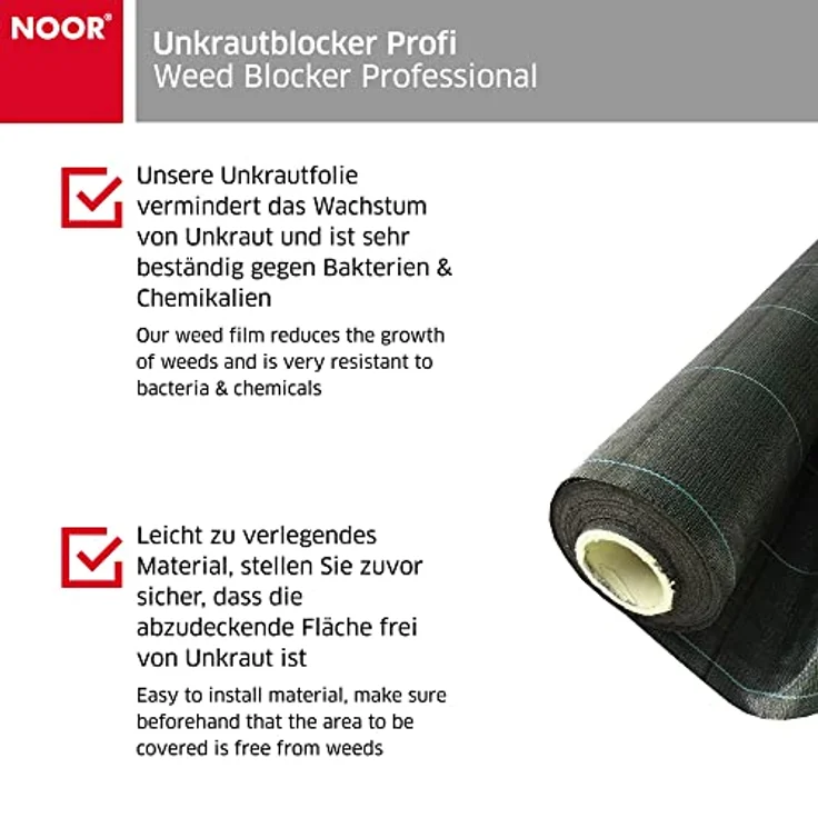 NOOR Unkrautblocker Profirolle 105 gr-m² 0,5 x 25 m I Die Gartenfolie für das Hochbeet & das Gewächshaus I Unkrautschutz für Gartenwegen & Terrassen I Wasserdurchlässig & umweltfreundlich I Schwarz – Bild 4