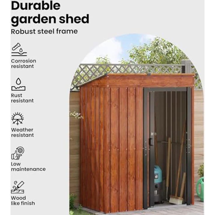 vidaXL Metall Gartenhaus Braun, 137 x 81 x 180 cm, robuster Metallschuppen für Werkzeuge und Equipment, einfache Montage – Bild 5