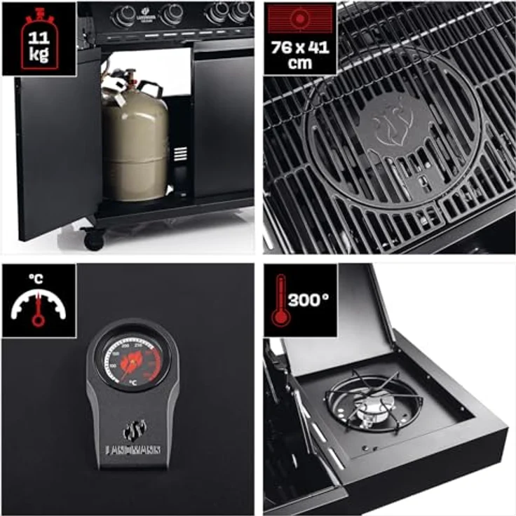 Landmann COOL BLACK 4.1 Gasgrill, Grillwagen mit 4 Brennern, bis zu 320 °C, Seitenbrenner, Cook-Zone, Warmhalte-Grillrost, großzügiger Grillfläche, Doppelwanddeckel und Thermometer – Bild 3