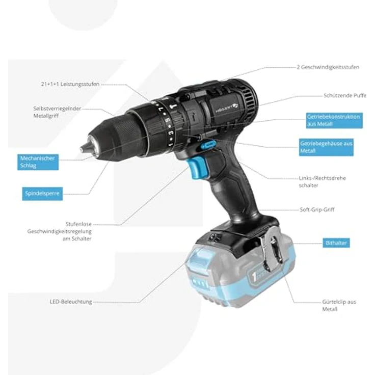 HÖGERT TECHNIK Akku-Schlagbohrschrauber Set 18V, 50 Nm, 2,0 Ah Akku, 4A Ladegerät, Metallgetriebe, LED-Beleuchtung, für Beton, Holz & Metall – Bild 4