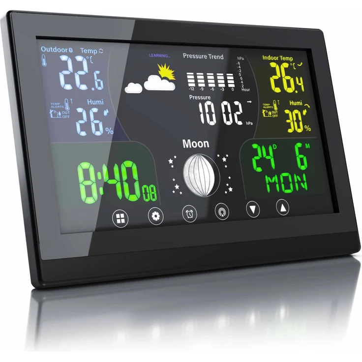 Bearware Funk Wetterstation, Wetterstation mit Farbdisplay, Schwarz, Temperatur- und Luftfeuchtigkeitsanzeige, Wettervorhersage, Alarmfunktion und Frostalarm