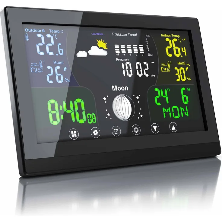 Bearware Funk Wetterstation, Wetterstation mit Farbdisplay, Schwarz, Temperatur- und Luftfeuchtigkeitsanzeige, Wettervorhersage, Alarmfunktion und Frostalarm