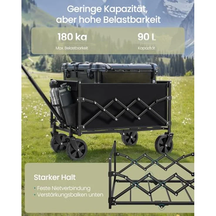SONGMICS Kleiner Handwagen faltbar, Gartenwagen mit 4 verstärkten Rollen, 180 kg belastbar, 90 L, kompakt, tintenschwarz GFW909B01 – Bild 3