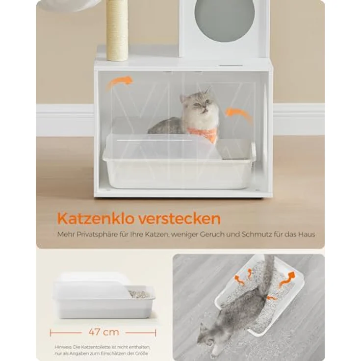 Feandrea Kratzbaum mit Katzenklo-Schrank, 151 cm hoch, 2-in-1 Katzenbaum, Schrank für Katzentoilette, Sisalstämme, abnehmbaren Plüschbällen, wolkenweiß – Bild 4