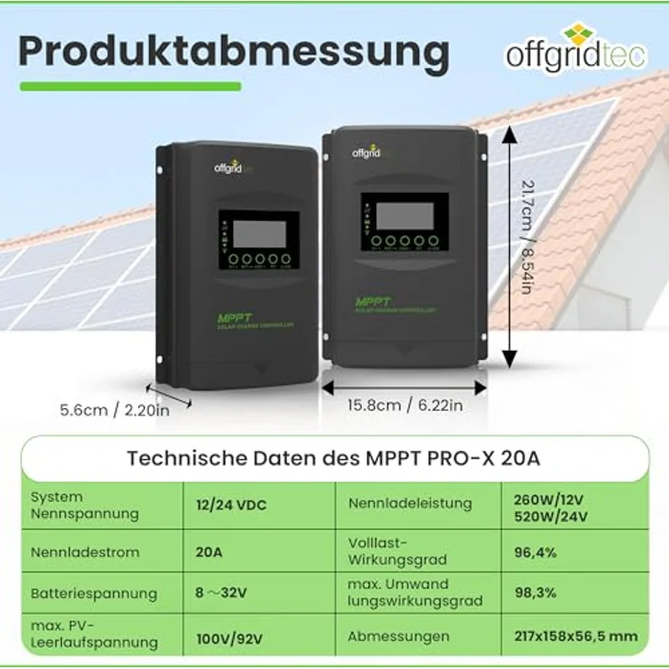 Offgridtec MPPT PRO-X 20A Laderegler, 12V - 24V, hohe Effizienz mit LCD-Display und RS-485-Schnittstelle – Bild 2