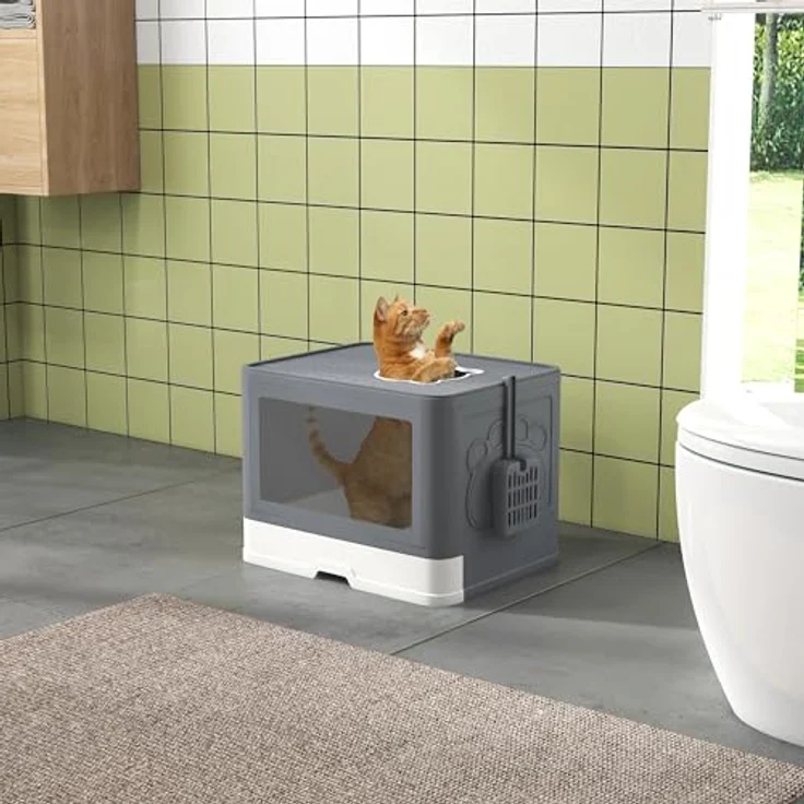 PawHut Katzentoilette mit Deckel Katzenklo mit Schaufel, Toilette für Katzen bis 4 kg, für Indoor, Kunststoff Grau 48,5 x 38 x 36,5cm – Bild 2